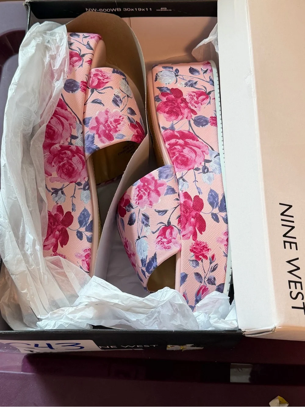 Nine West Pink Floral Platform Slide Sandals with Blue Accents